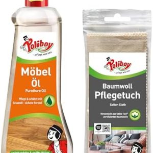 POLIBOY Möbel Öl - Nährendes Holzpflegemittel für wertvolle Holzmöbel - 500 ml mit Baumwolltuch - Made in Germany