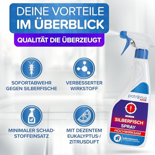 Patronus Silberfisch-Spray 500 ml – Sofortwirkung gegen Silberfische & Papierfische, effektive Lösung mit Zitrusduft für