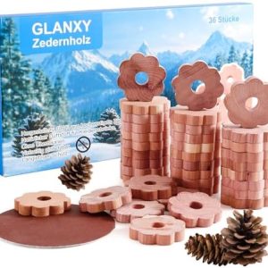 GLANXY Zedernholz Mottenringe 36 Stück | Chemiefreier Mottenschutz für Kleiderschrank | Langzeit-Schutz und Naturprodukt