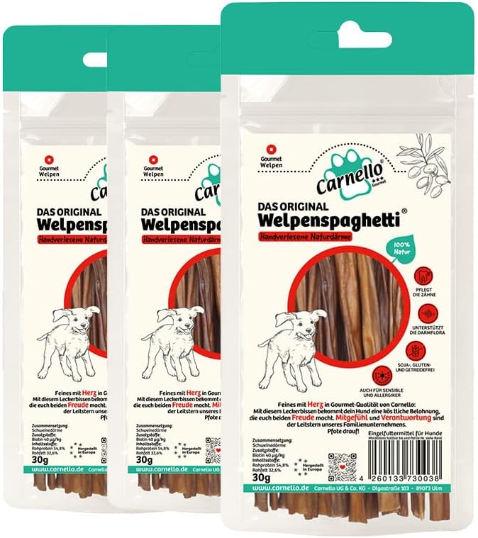 Carnello Welpenspaghetti – Getreidefreier Hundesnack für kleine Hunde, ideal für unterwegs (3 x 30g)