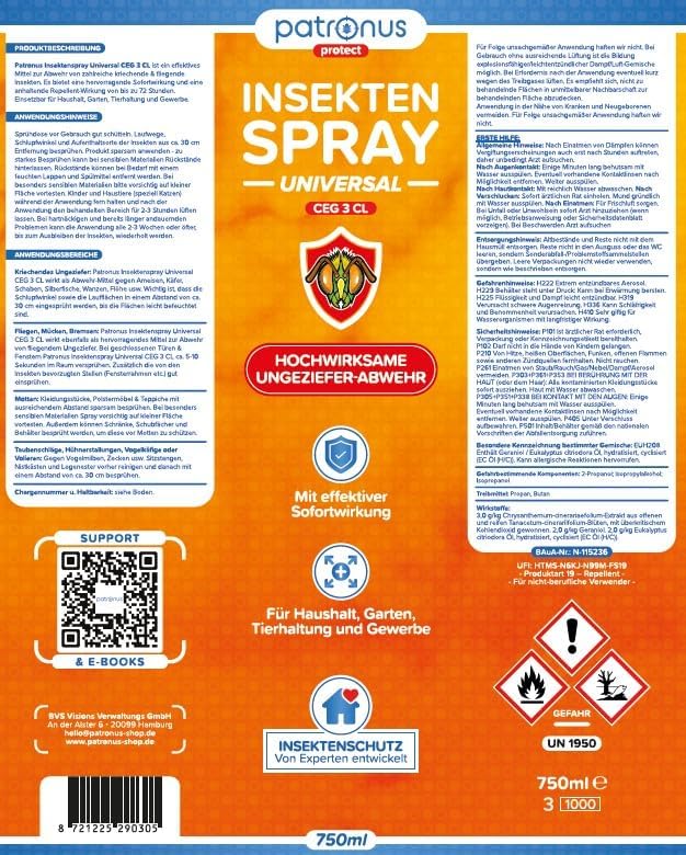 Patronus Insektenspray Universal 750 ml - Hochwirksam gegen Insekten in der Wohnung mit Zitrusduft